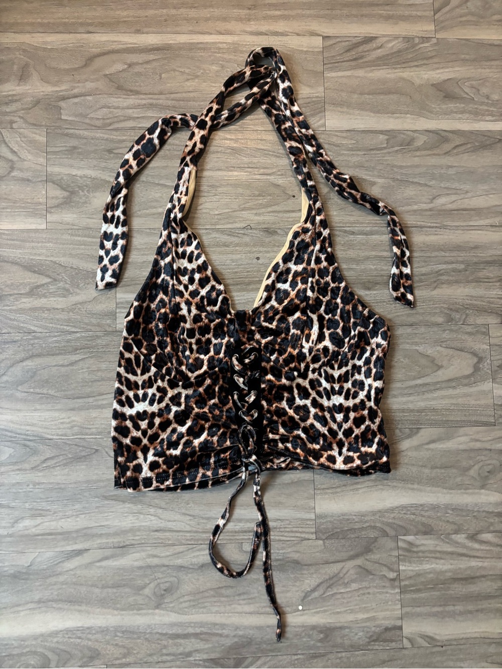 Leopard Print Halter Lace-Up Crop Top - Brown